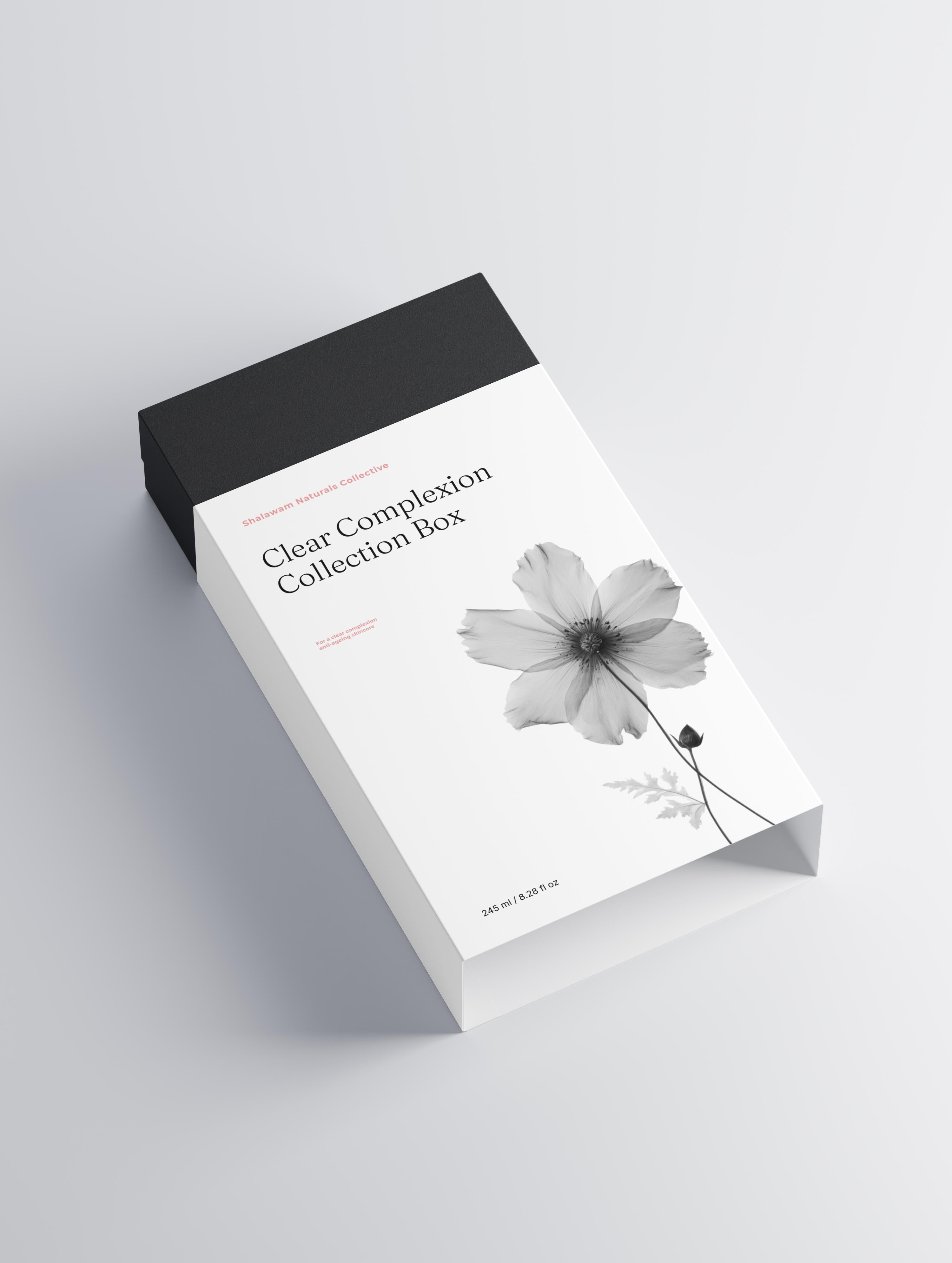 Clear complexion collection box with a flower design on a light gray background