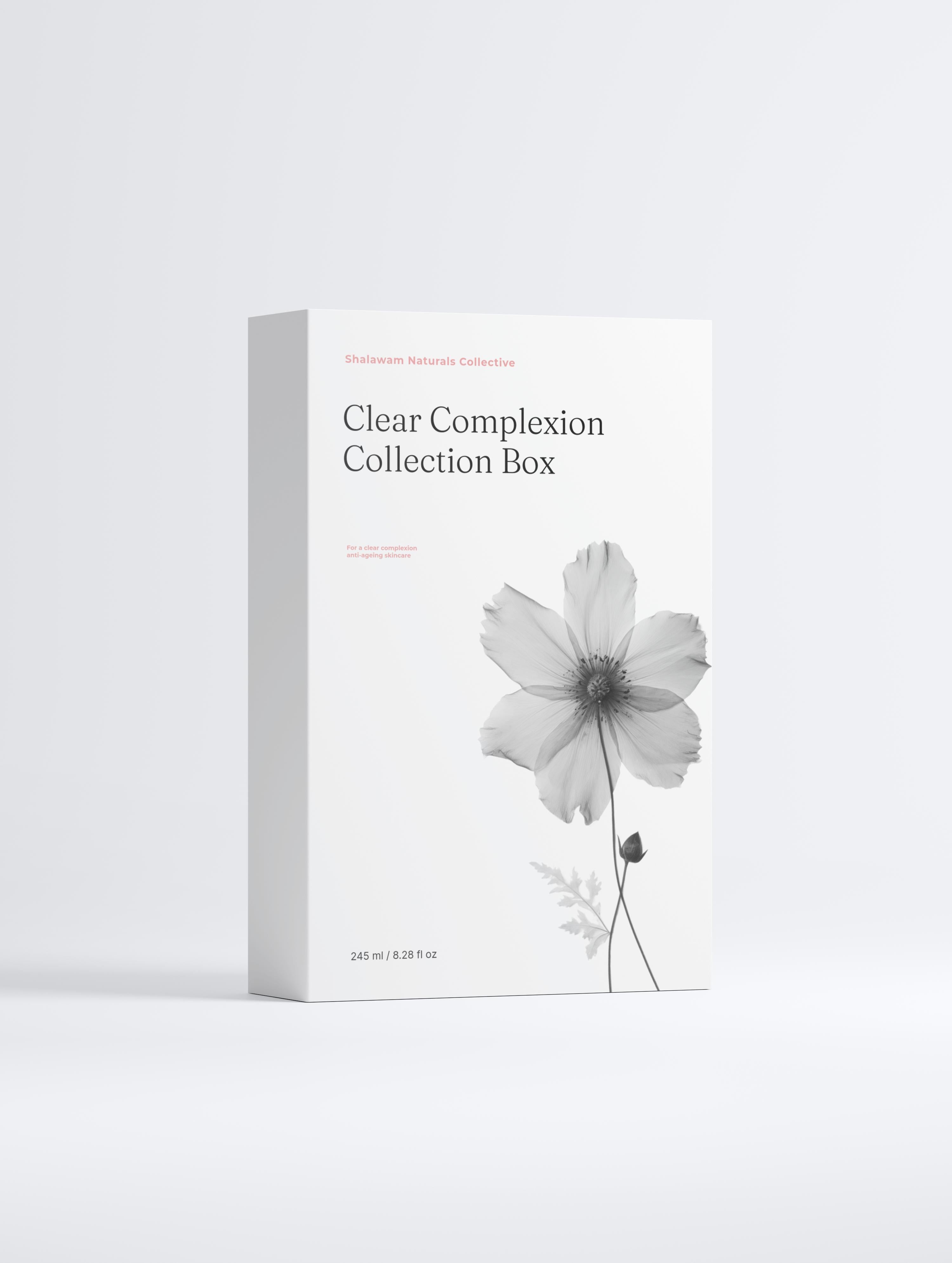 Clear Complexion Collection Box with a flower design on a white background