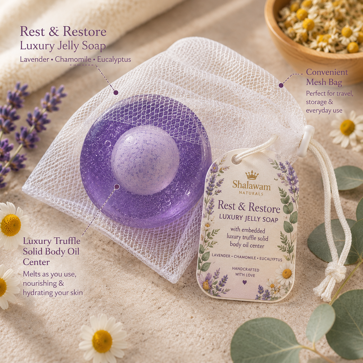 Rest and Restore™ Luxury Jelly Truffle Soap with Embedded Luxury Truffle Body Oil Center