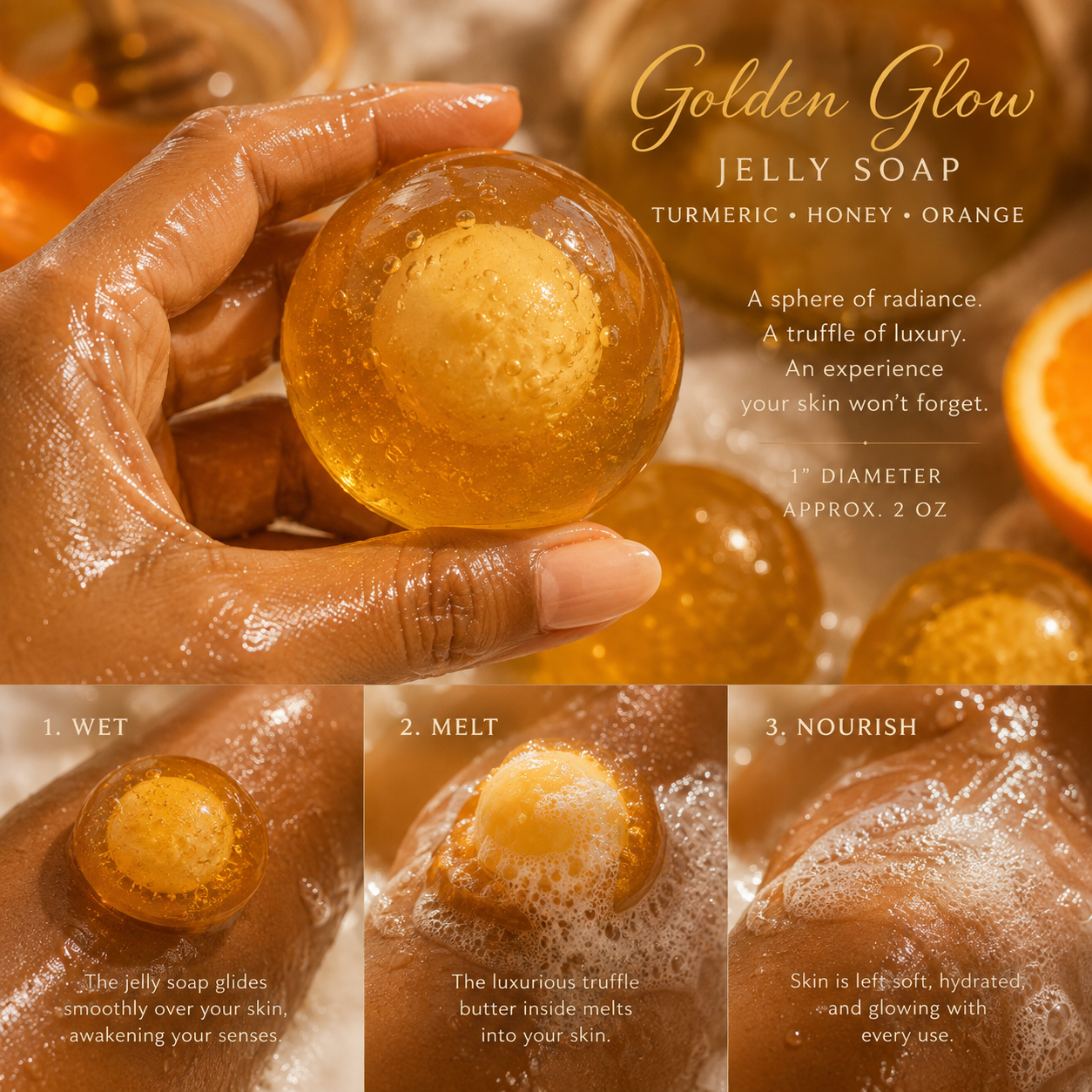 Golden Glow™ Luxury Jelly Truffle Soap with Embedded Luxury Truffle Body Oil Center