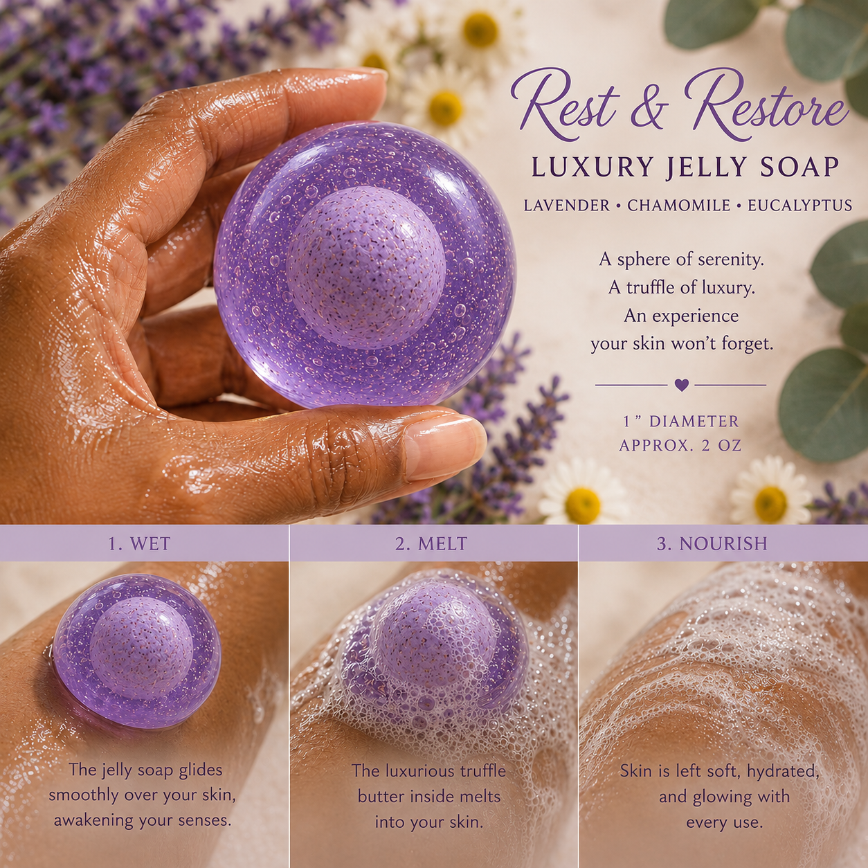 Rest and Restore™ Luxury Jelly Truffle Soap with Embedded Luxury Truffle Body Oil Center